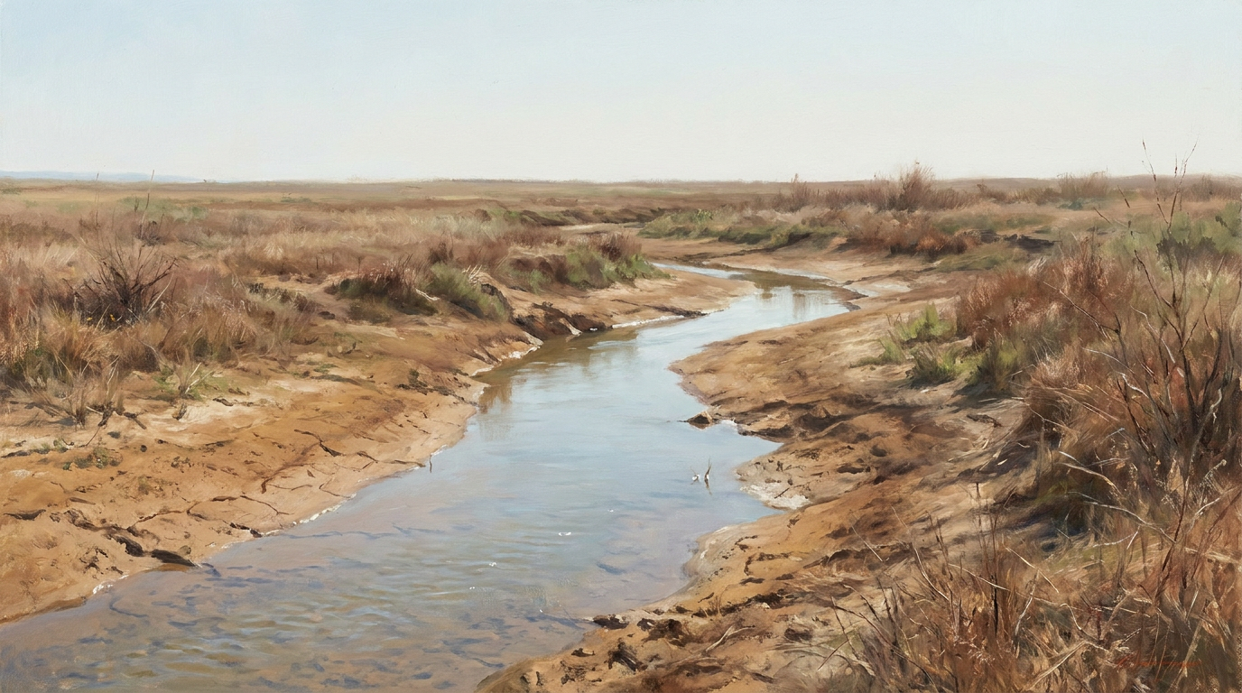 A creek running steadily through a dry, sun-browned landscape with cracked mud along its exposed banks.