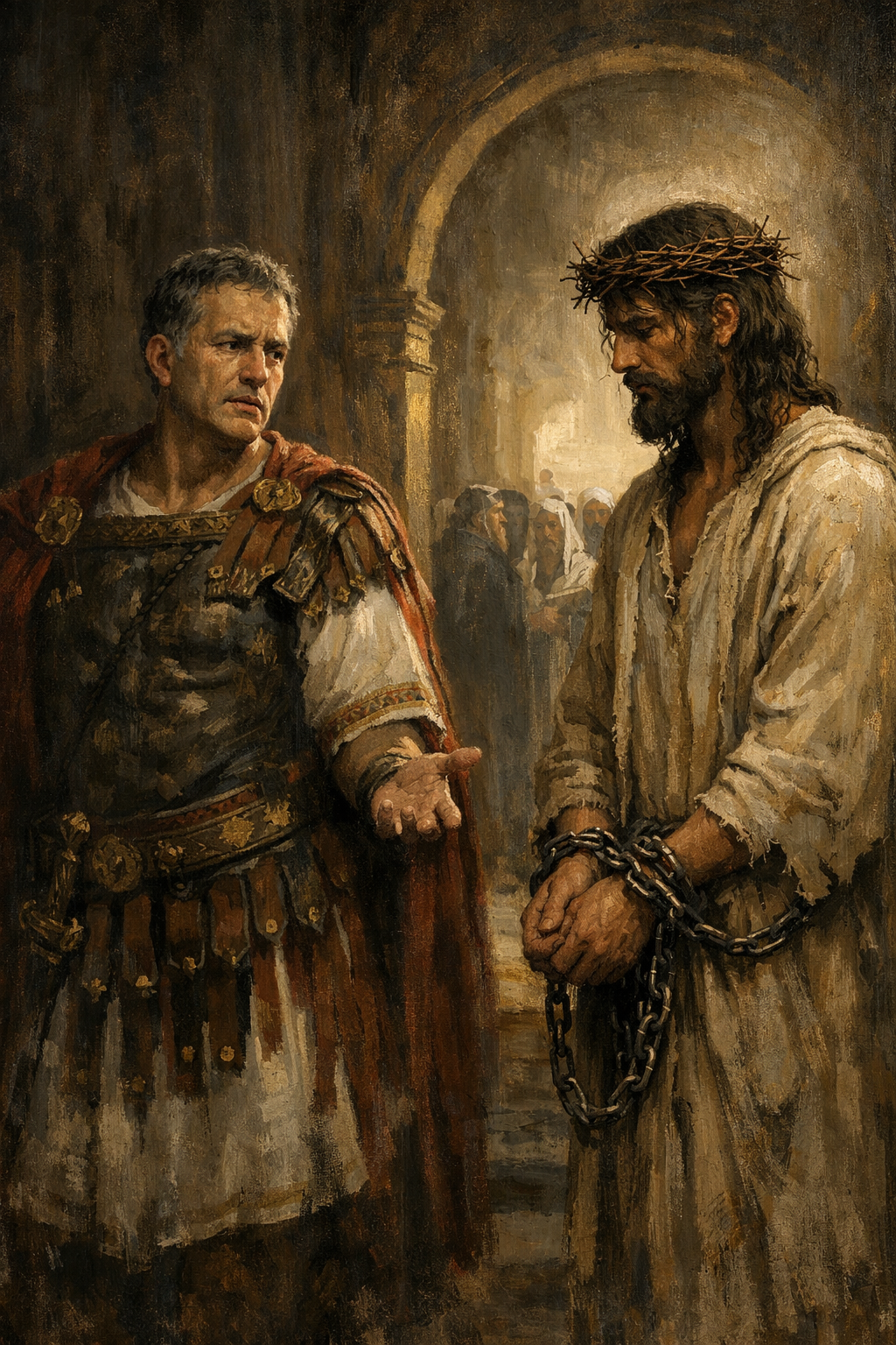 Inside the Praetorium, Pontius Pilate gestures uncertainly toward Jesus, who stands bound in chains and crowned with thorns, calm and silent in shadowed light as religious leaders watch from the background.