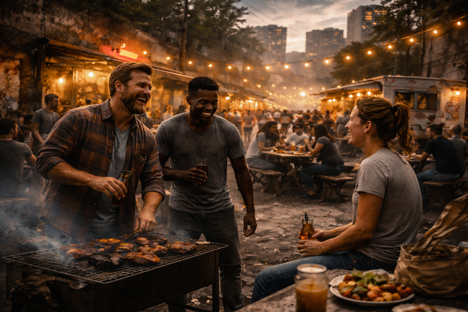 Friends from different backgrounds share food and conversation at a gritty neighborhood cookout, grilling and laughing together in an urban alley lit by string lights as the city rises around them