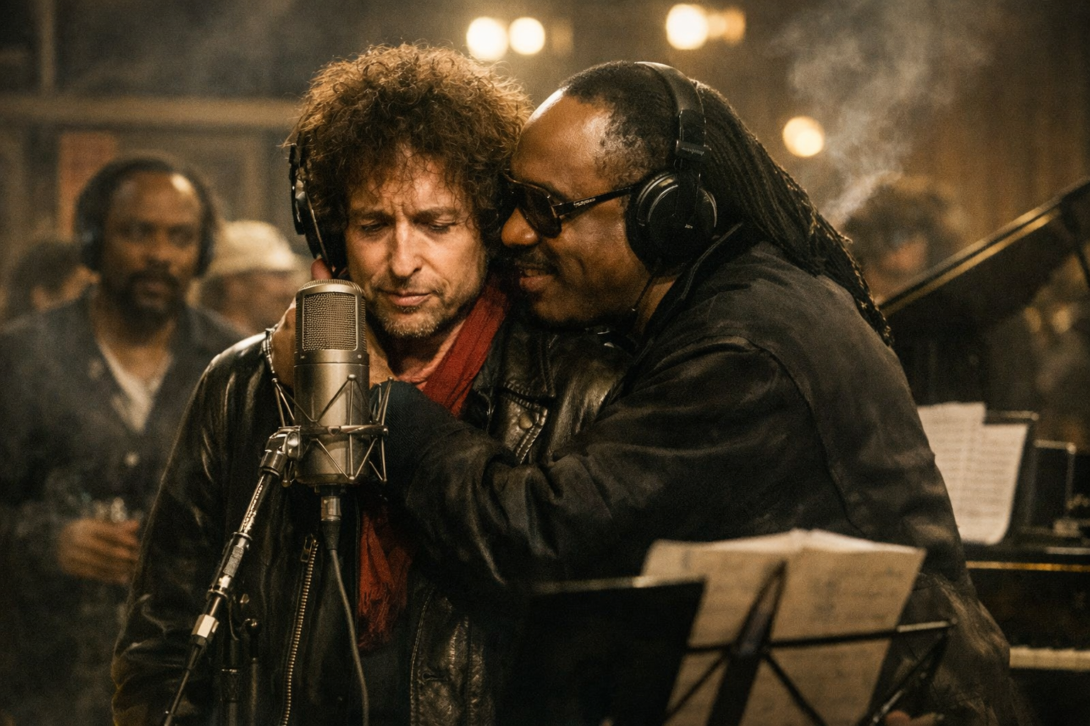 Bob Dylan stands at a studio microphone while Stevie Wonder leans in close beside him, offering quiet guidance during the 1985 We Are the World recording session, with other musicians blurred in the background