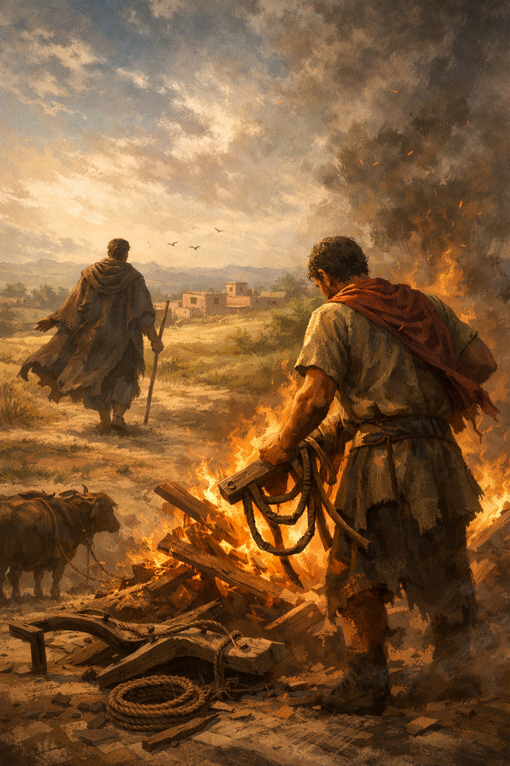 A man burns his plow and yoke in an open field as a cloaked prophet walks away down a sunlit path, smoke and fire rising behind him—an unremarkable moment of decisive action set against a quiet countryside.