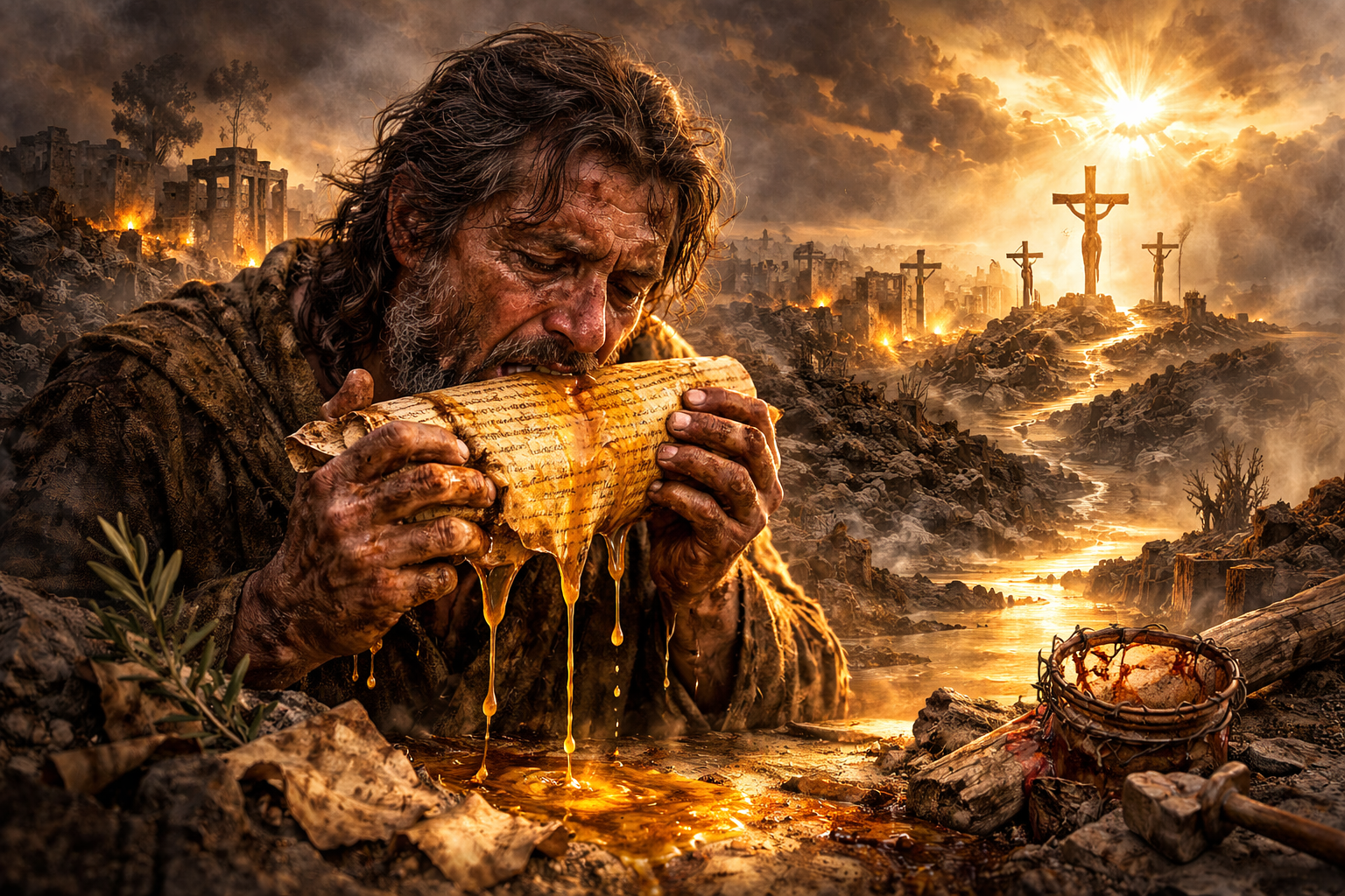 Golden honey pooling across an unrolled ancient scroll, glistening over handwritten text in warm amber light.