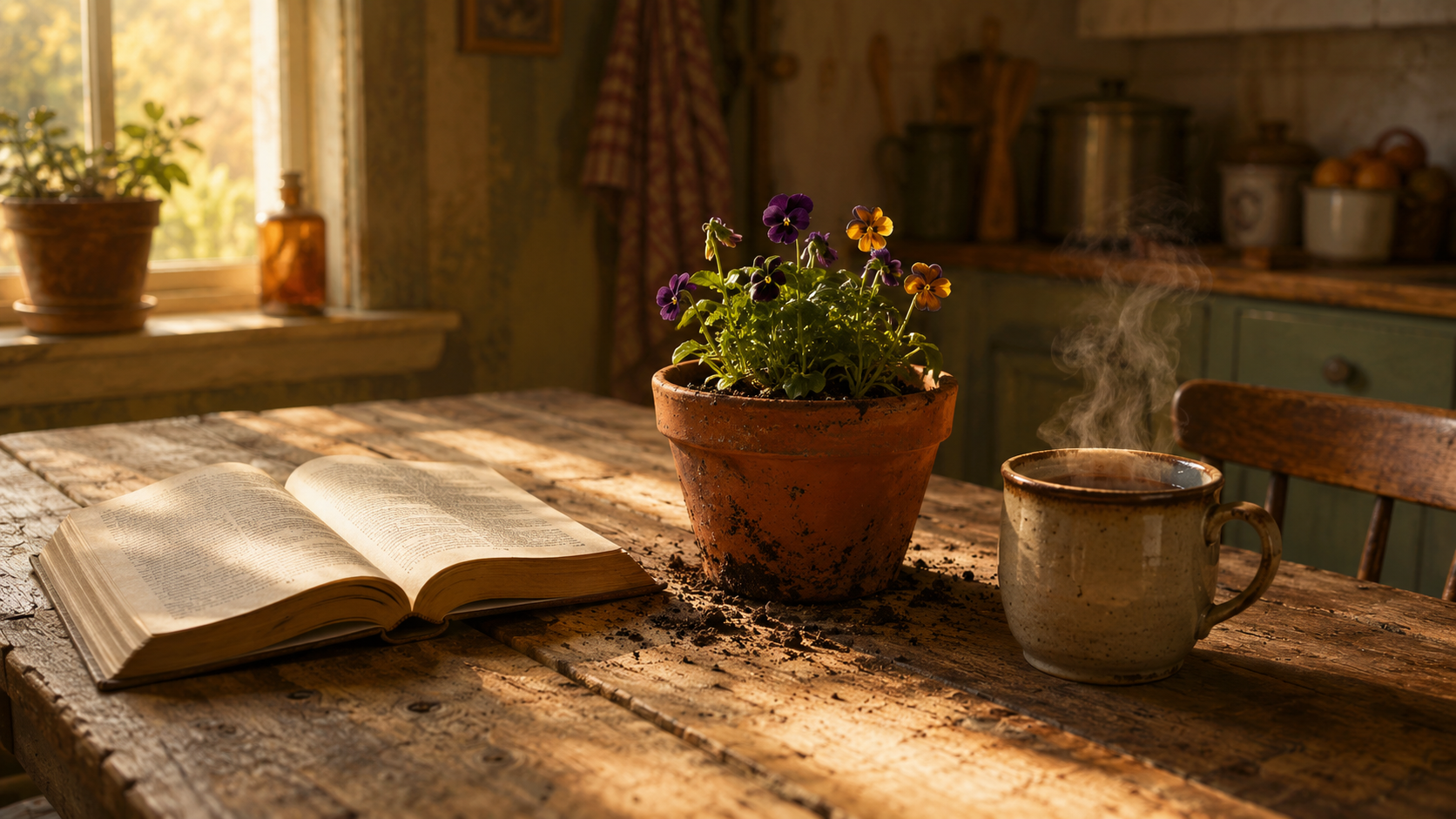 A kitchen table in warm afternoon light holding an open book, a small pot of newly planted flowers, and a steaming mug of coffee.