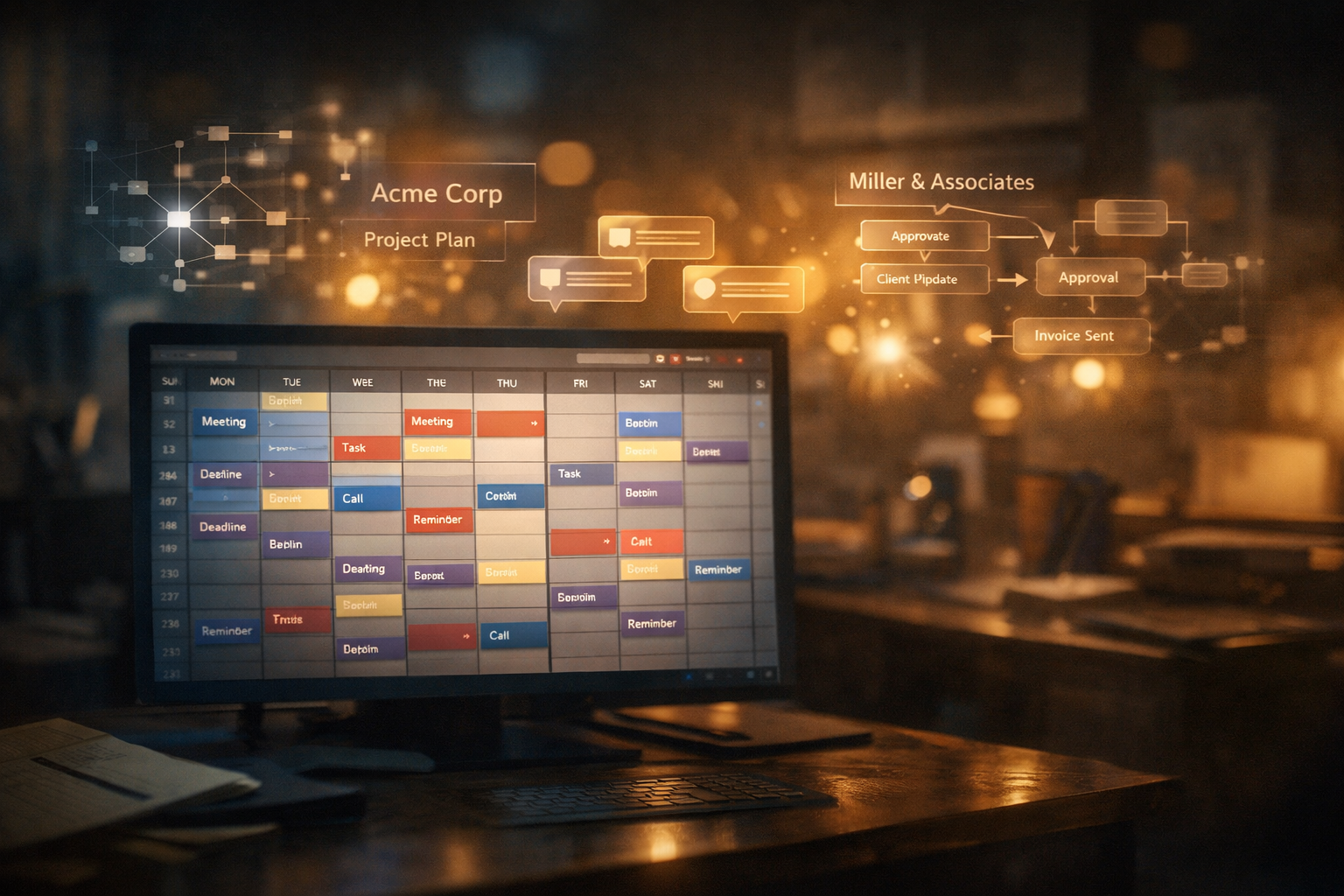 A cluttered digital calendar with generic task blocks, overlaid by faint glowing contextual elements like client names and workflows, symbolizing deeper meaning behind work.