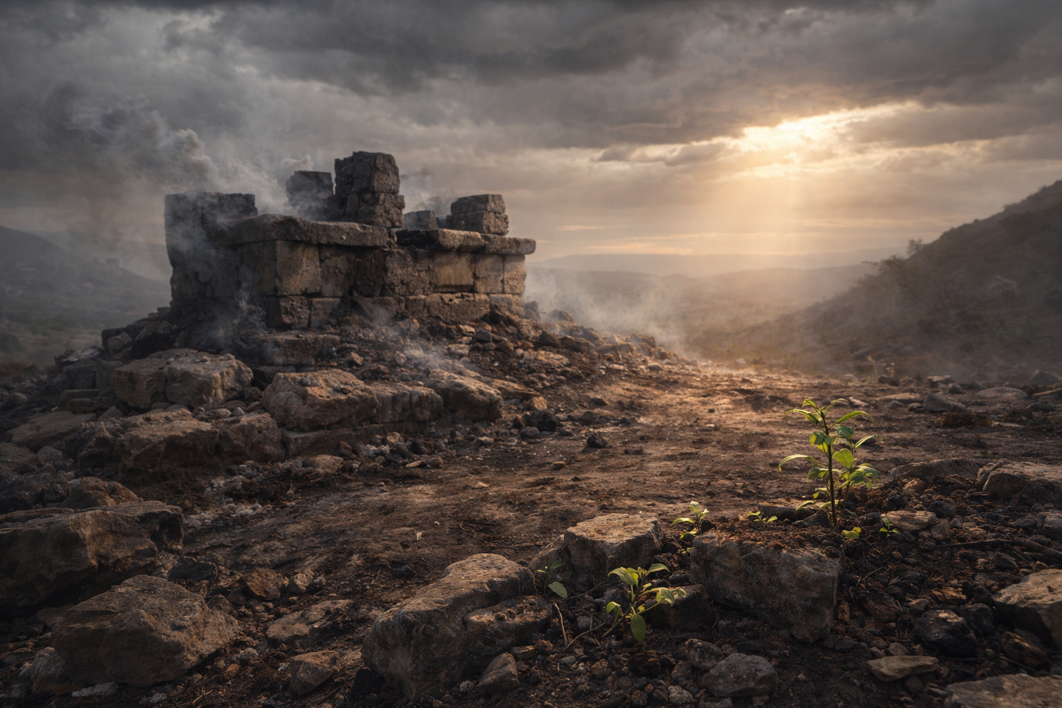 Ruined stone altar on a barren hillside, partially torn down, with small green shoots emerging from cracked earth under a break of warm light in a stormy sky.