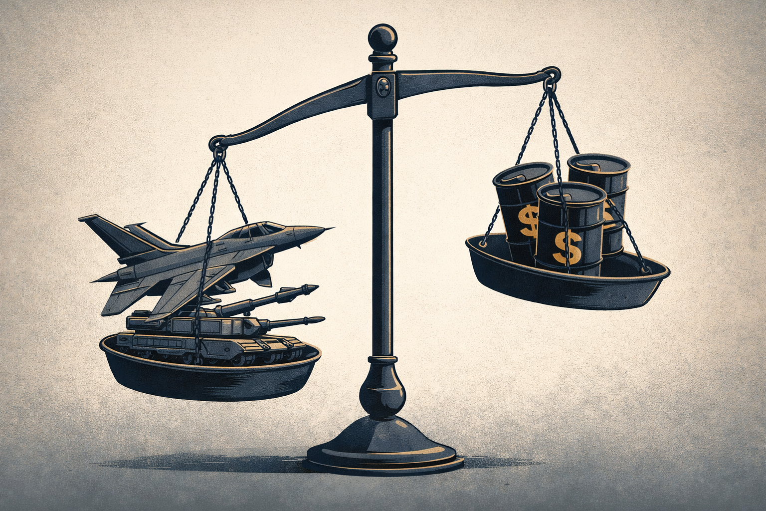Illustration of an unbalanced scale weighing military action against economic consequences, representing the policy contradictions of the 2026 Iran war
