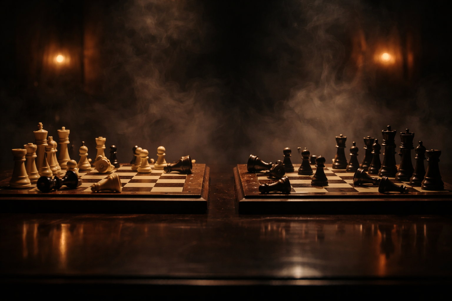 Two chess boards facing each other across a dark, smoke-filled room with fallen pieces on both sides, symbolizing mutual strategic miscalculation.