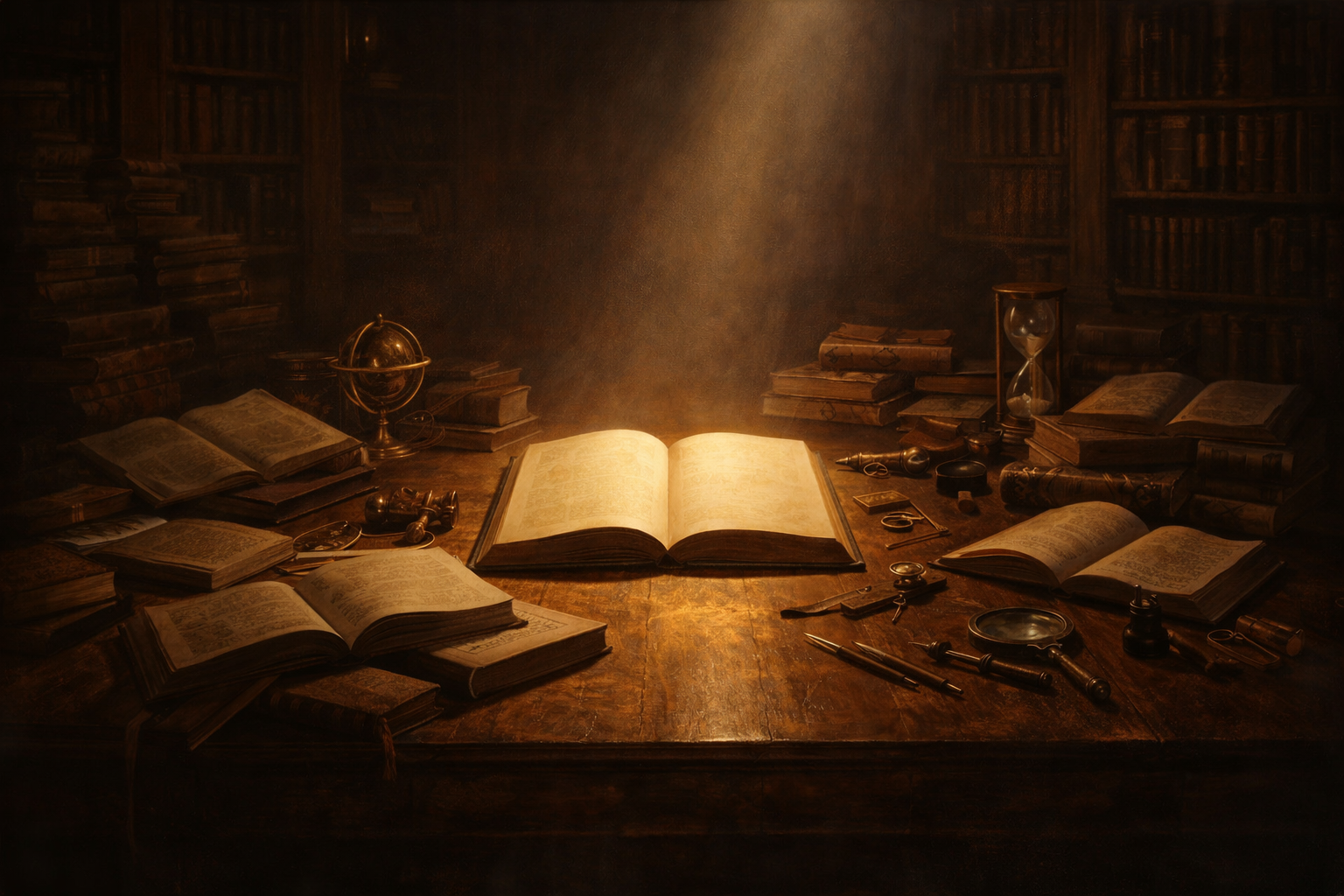 An open book with blank pages illuminated by a shaft of light on a wooden table surrounded by scientific instruments and other books, evoking the unwritten foundations beneath accumulated knowledge.
