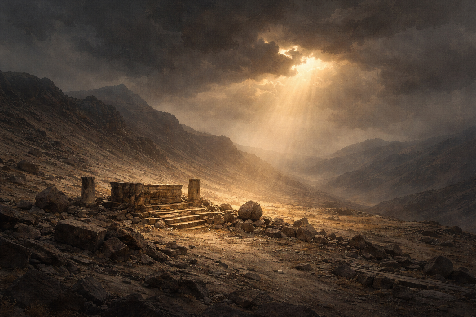 Ruins of a stone altar scattered across a barren mountainside under heavy clouds, with a single shaft of warm light falling on the empty ground.