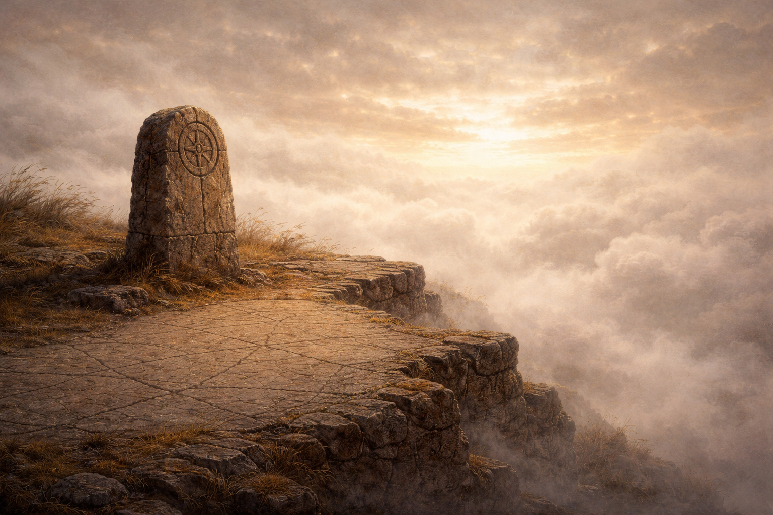 An ancient boundary stone at the edge of a cliff where carved map lines end abruptly, with warm light breaking through fog beyond the edge.