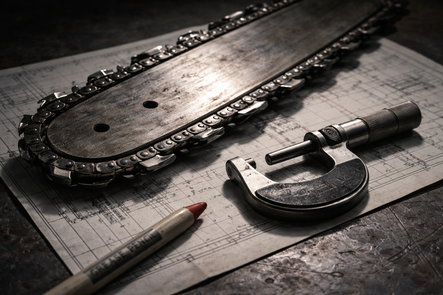 A chainsaw blade resting on a precision engineering blueprint beside a grease pencil and micrometer caliper on a metal workbench, representing the disconnect between precise diagnosis and blunt execution