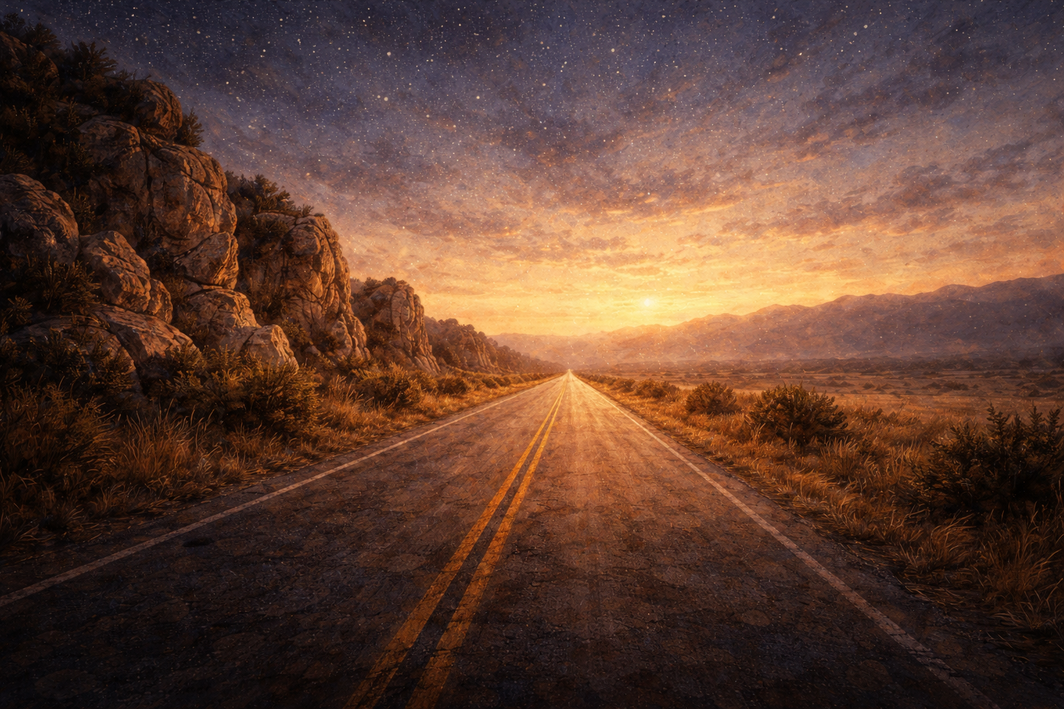 A road stretching toward the horizon at dawn, bordered by rock formations on one side and a star-filled sky on the other, rendered in warm impressionist tones.