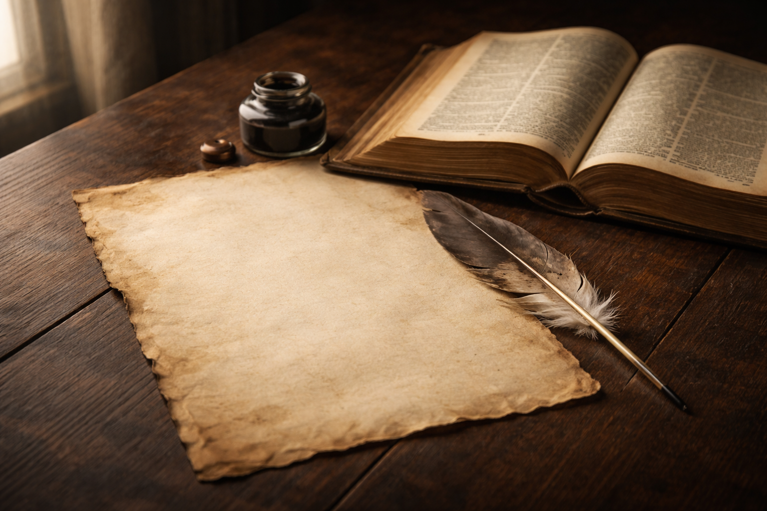 Aged parchment document and open Bible resting together on a dark wooden surface in soft natural light.