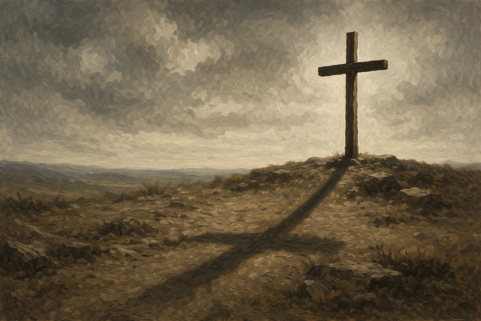 A solitary wooden cross under overcast skies, casting a long shadow across a barren landscape — a contemplative Good Friday image.