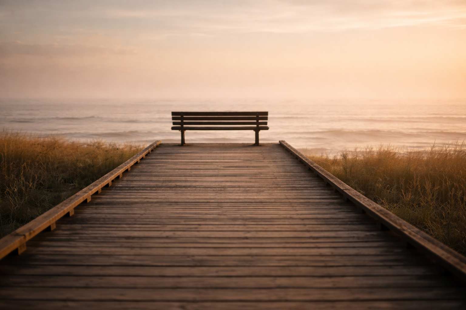 An empty wooden bench at the end of a long boardwalk overlooking a calm ocean at sunset, evoking solitude and reflection.