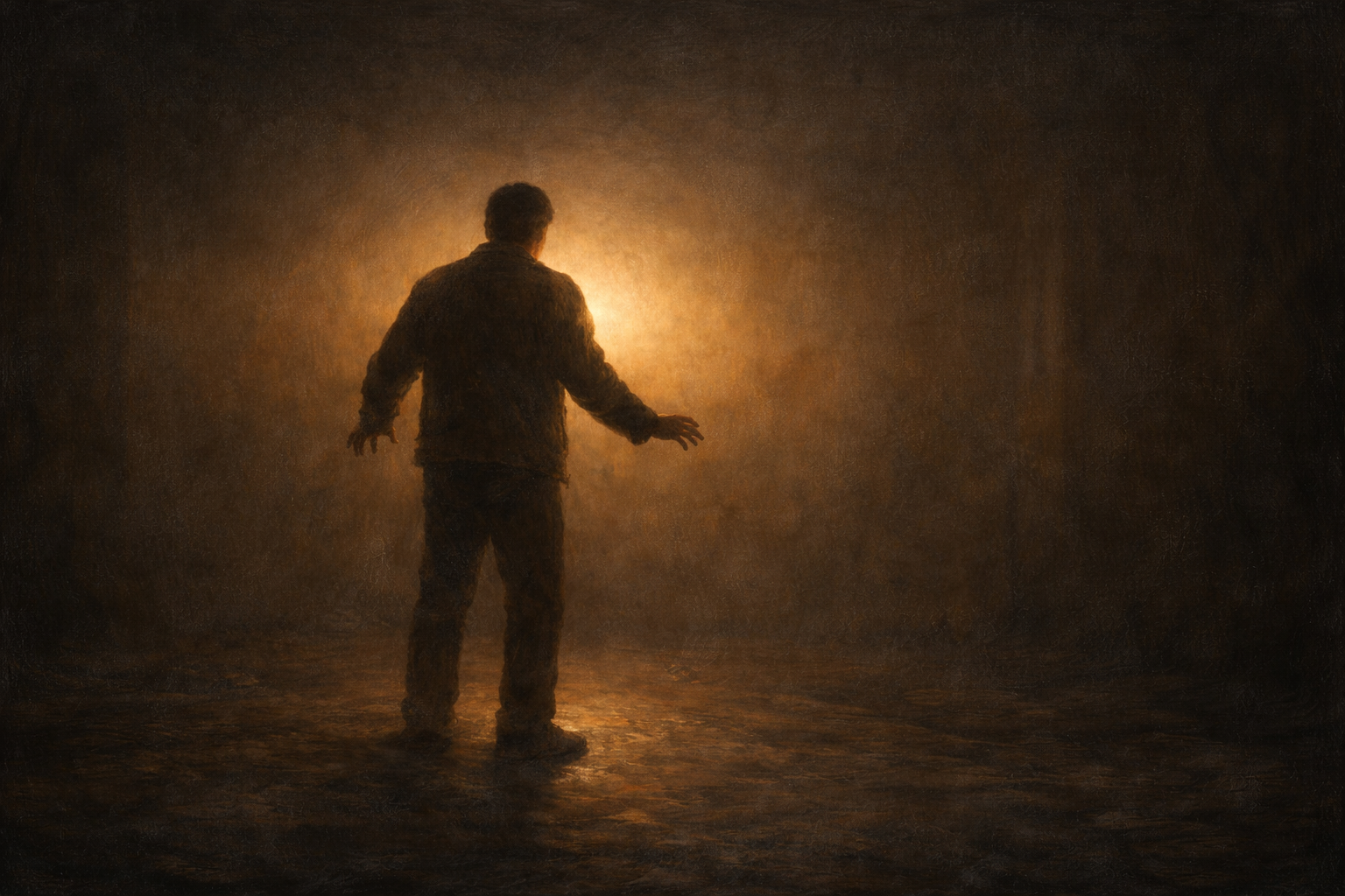 A figure feeling their way through a dark room, unaware of the warm light already present just behind them.