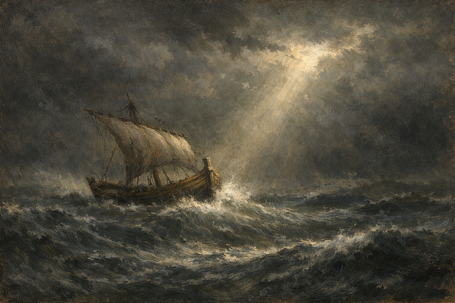 A small ancient sailing ship caught in a violent storm at sea, with a thin shaft of light breaking through dark clouds above it.
