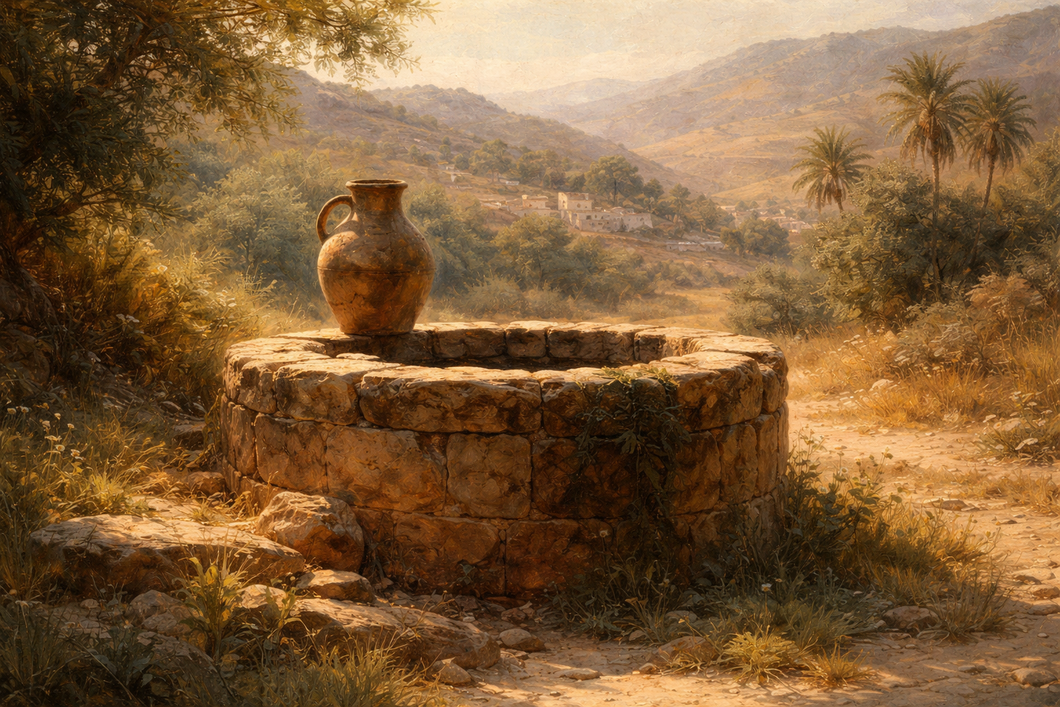 An ancient stone well with a clay water jar resting on its rim, sunlit in warm late-morning light against a soft hillside.