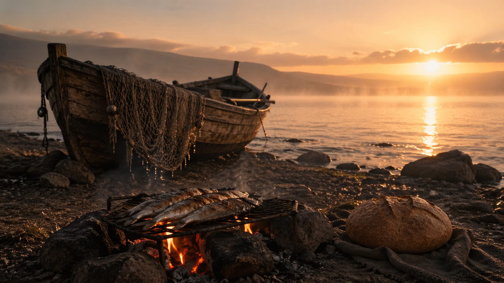 A charcoal fire with grilling fish and a loaf of bread on the sandy shore of the Sea of Galilee at dawn, with a fishing boat and heavy net visible in the misty background.