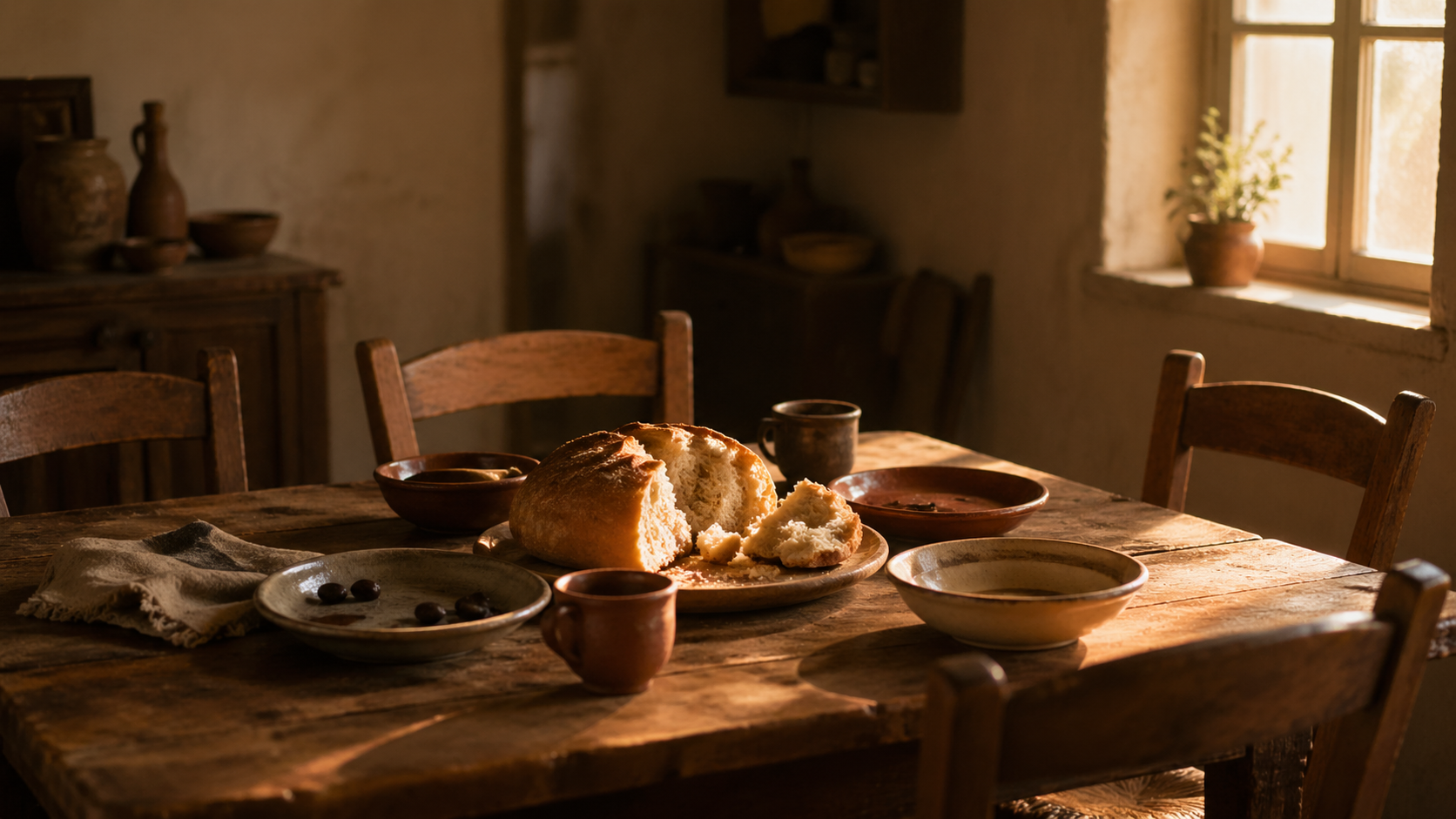 A small wooden table in a softly lit home, set with broken bread and a clay cup, surrounded by a few mismatched chairs pulled close.