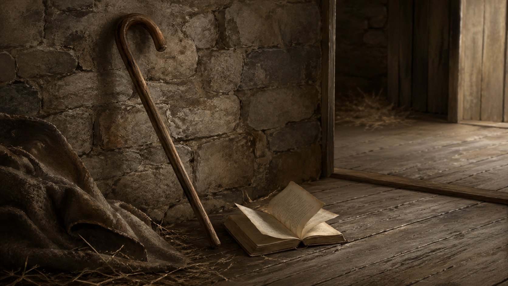 A worn wooden shepherd's crook leaning against a stone wall in soft light, with an open book resting nearby.