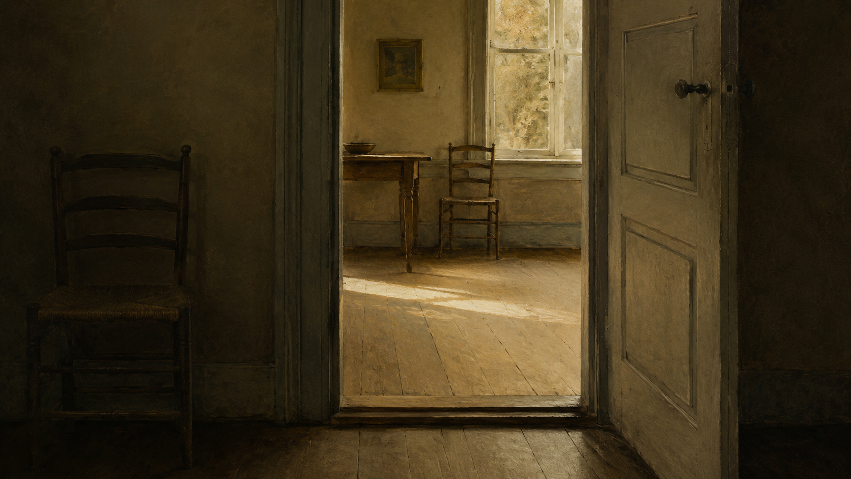 An open doorway looking into a sunlit room with warm wooden floors, the threshold visible in the foreground and soft light filling the interior.