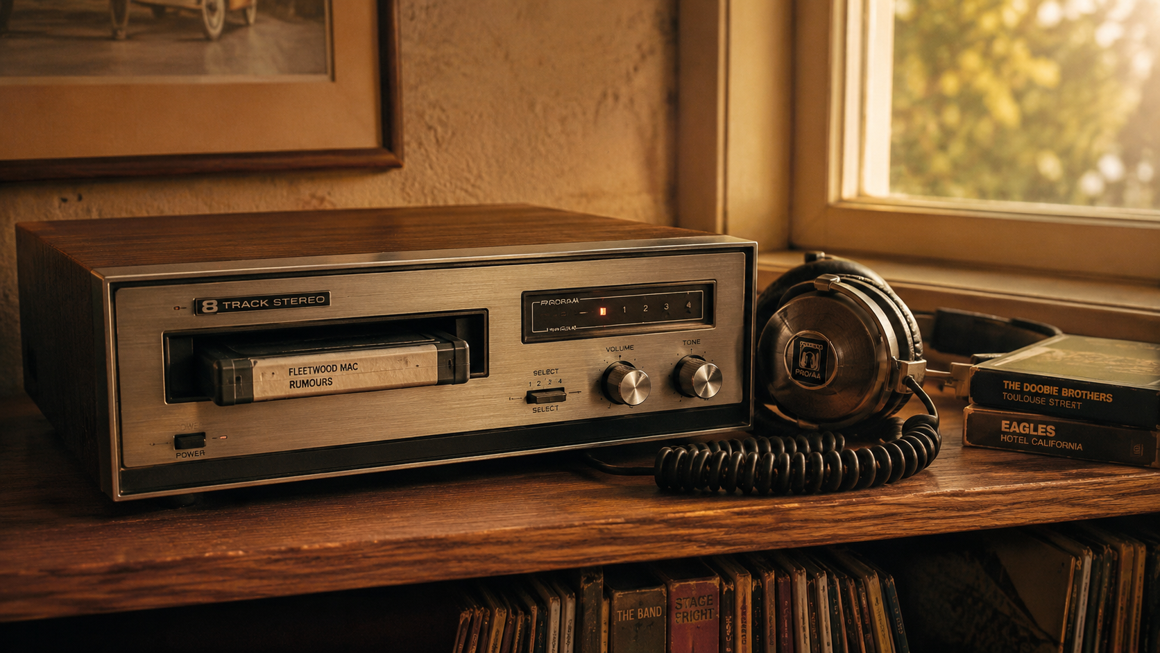 A vintage 8-track player on a wood shelf with coiled-cord headphones resting beside it, lit by warm afternoon light.