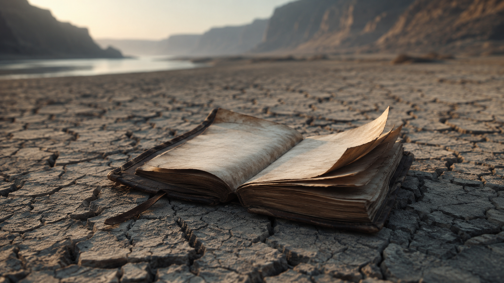 An open, weathered manual lies abandoned on a dry cracked riverbed, its pages lifted by wind, with parted water faintly visible in the blurred background.