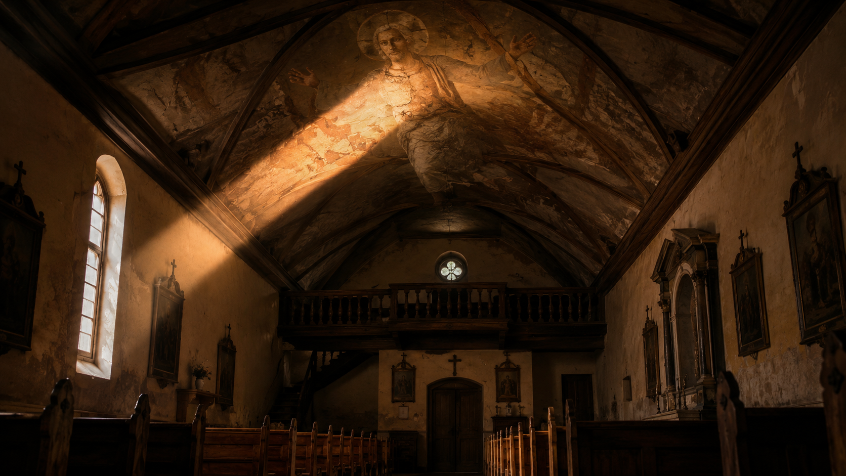 The dim interior of a rural church sanctuary viewed from below, with a faint old painted figure on the vaulted ceiling partly lit by a shaft of sunlight.