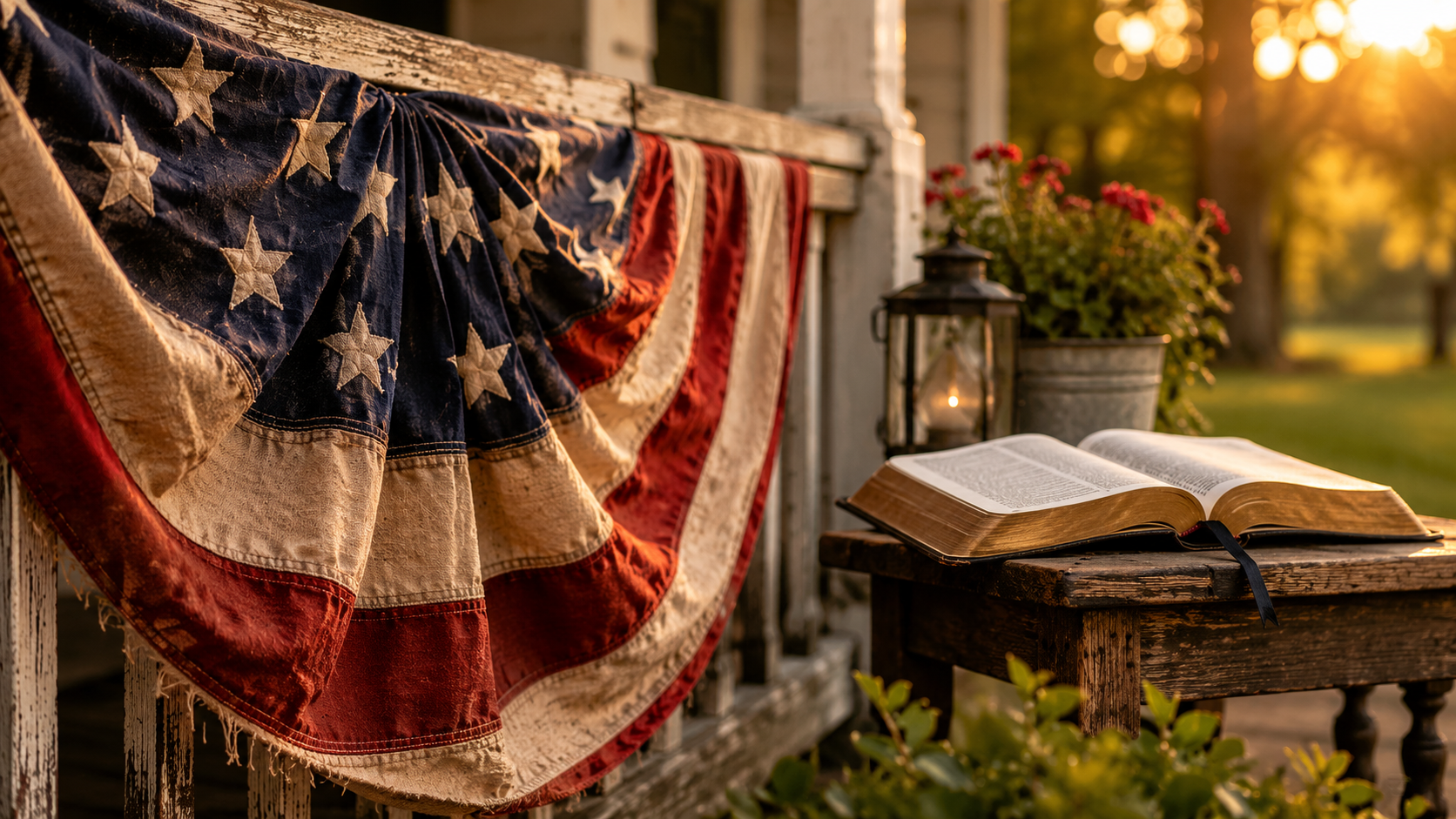 American flag bunting on a wooden porch railing with an open Bible on a small table beside it in soft afternoon light.