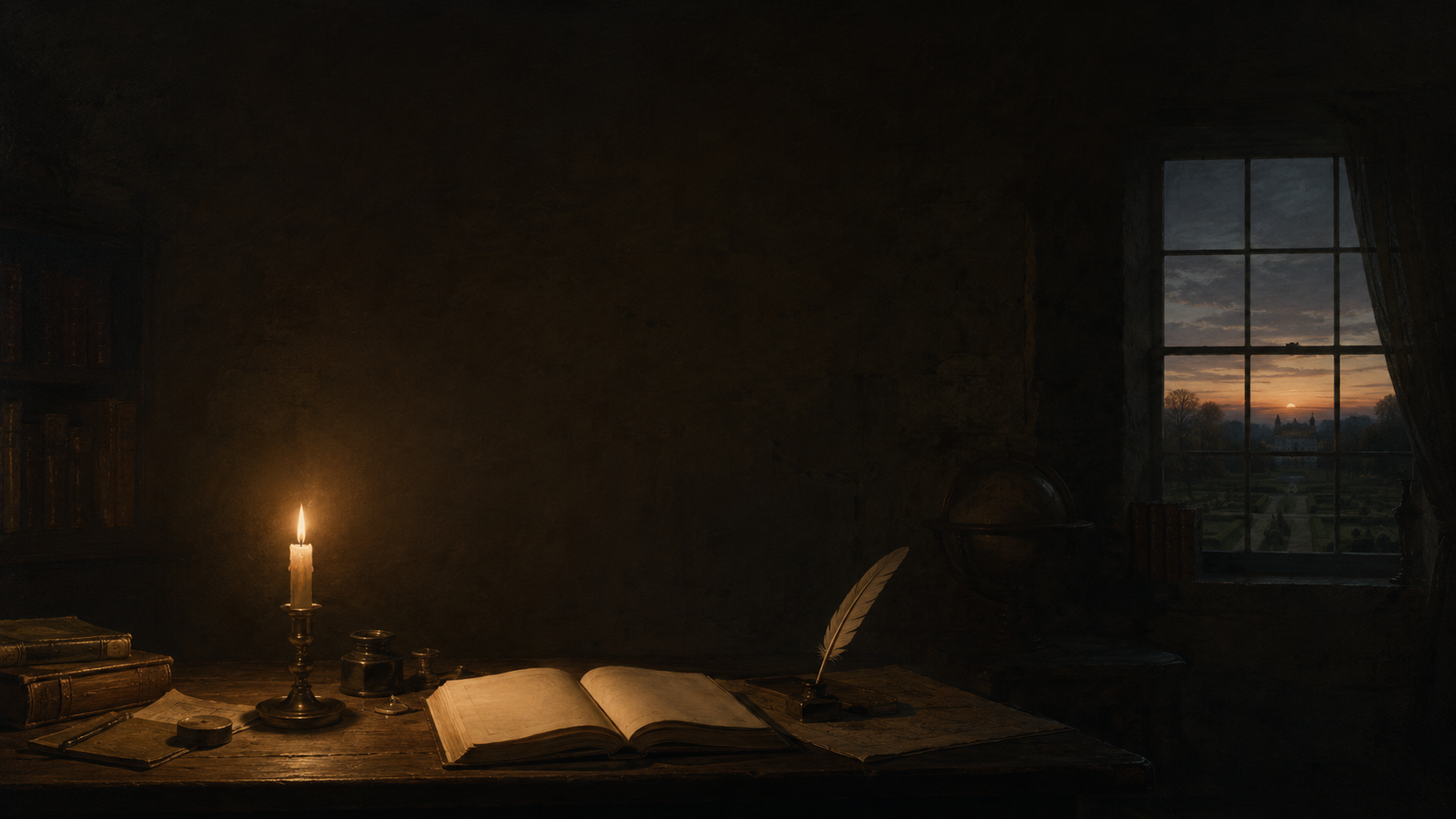 A candlelit wooden desk with an open blank book and quill in a darkened study, a small window at the back showing faint dawn light over a distant garden.