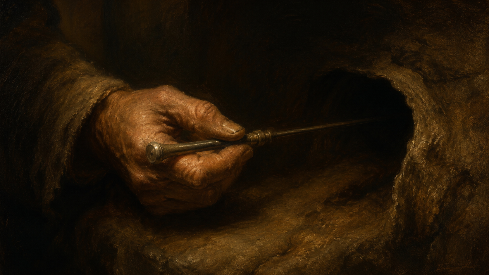 A hand grips a thin probe that reaches into darkness, the light falling on the hand while attention is drawn past the instrument toward what it touches in the shadow.