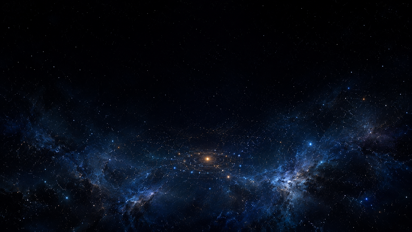 A deep-space star field in cool blue and black, countless scattered points of light with one small central region glowing slightly warmer and more ordered than the rest.