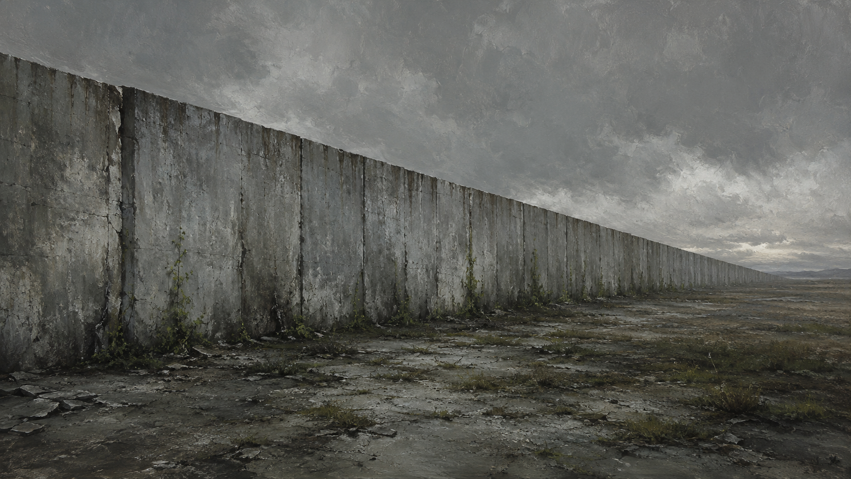 A long weathered concrete wall crossing a bleak grey landscape, with green shoots and weeds pushing up through cracks at its base.