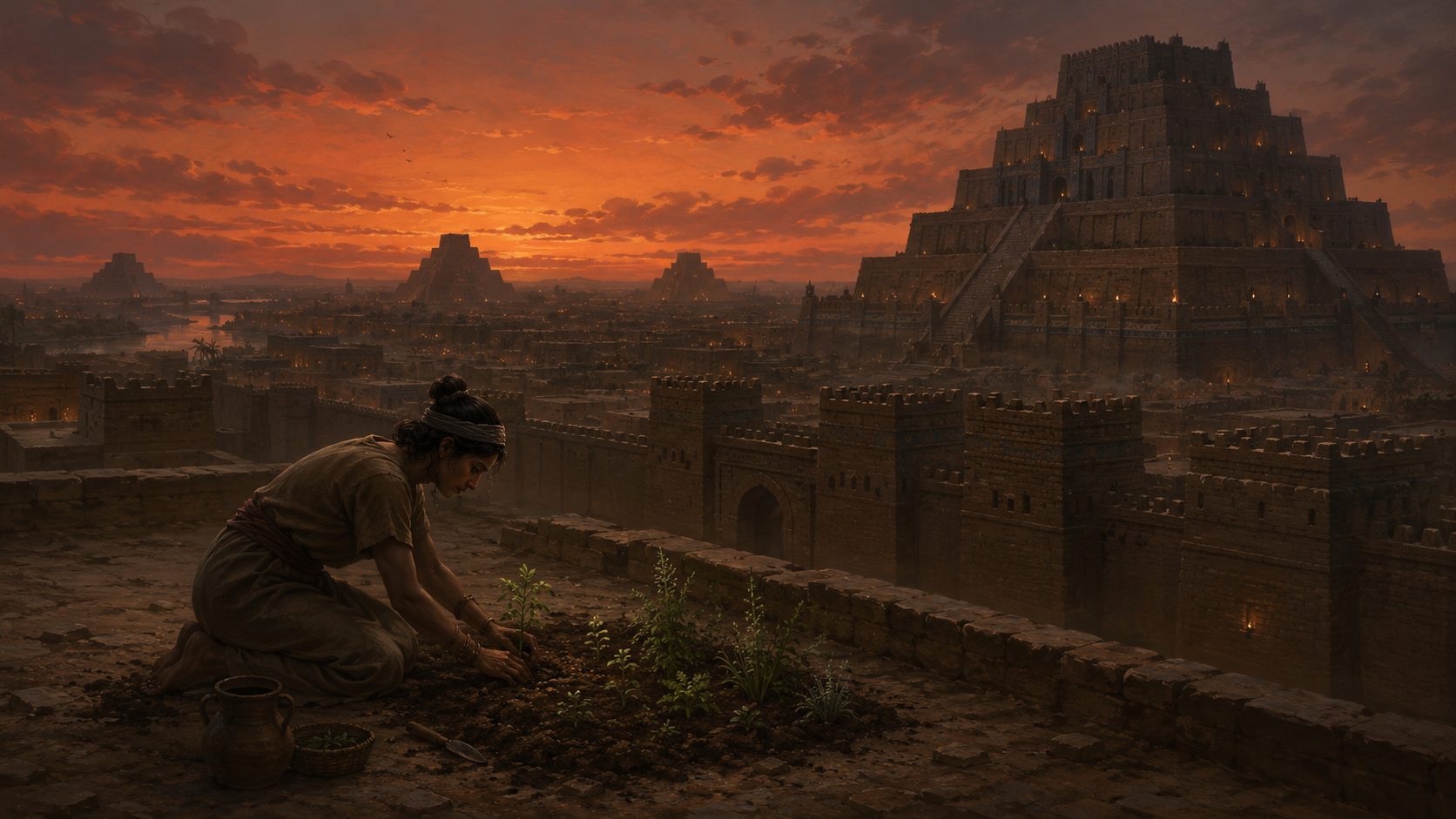 A lone figure plants a small garden inside an ancient city at dusk, with a fading orange glow on the horizon behind dark towers.