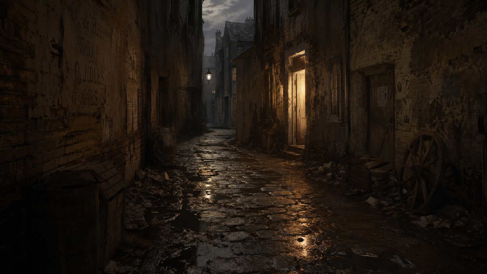 A dim wet alley at dusk with mud and refuse in the gutter and a single warm-lit doorway glowing further down the passage.