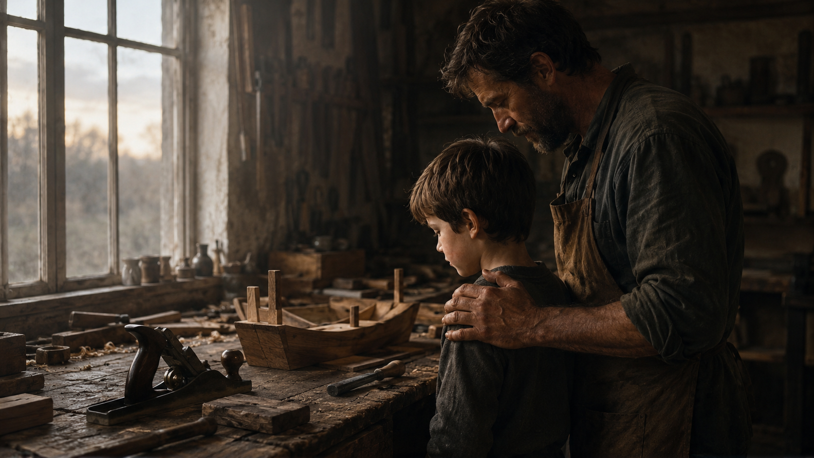 A father's hands resting on a child's shoulder at a workbench in soft dawn light, both looking at an unfinished project.