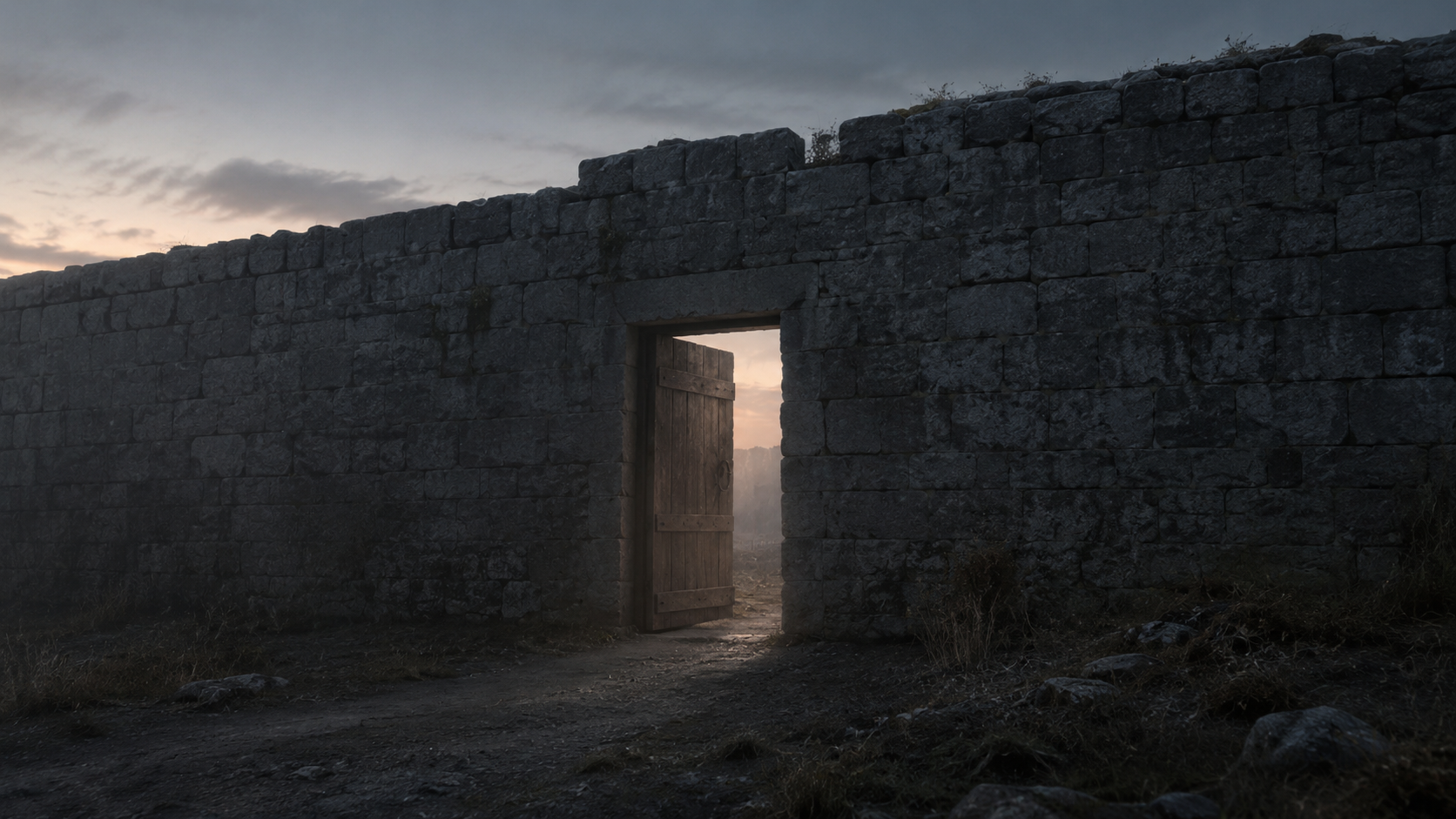A high stone wall at dawn with a single low door standing open, faint warm light spilling through from inside.