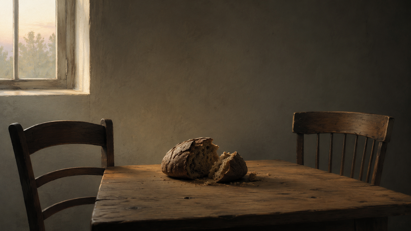 A plain wooden table at dawn with a single torn loaf of bread and two empty mismatched chairs, lit by soft morning light.