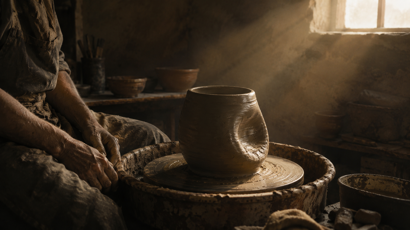 A half-formed, leaning clay vessel on a potter's wheel in a dim workshop, lit by a single shaft of morning light.