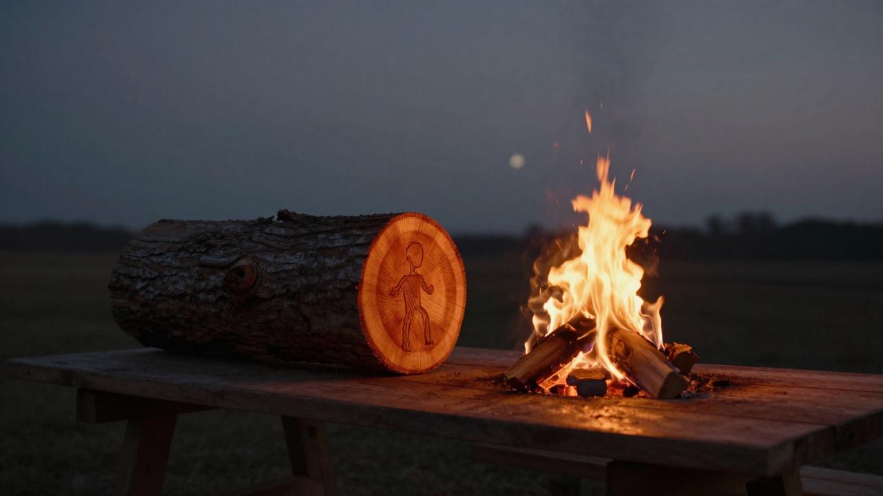 A half-carved log of wood sits beside a small fire on a rustic table at dusk, with smoke rising into a darkening sky.