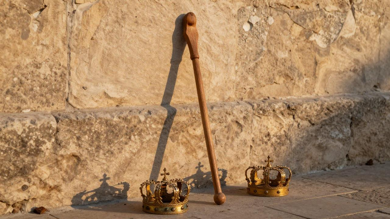 A shepherd's crook leaning against a stone wall beside two crowns, representing the biblical theme of legitimate authority versus institutional power.