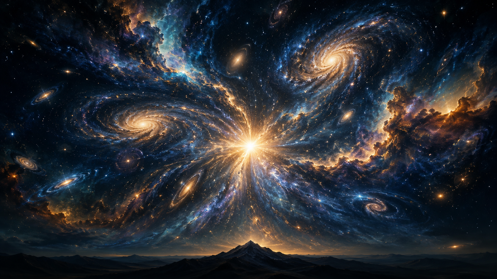 Galaxies and light unfolding across a dark cosmos with a small mountain silhouetted against the vast sky.