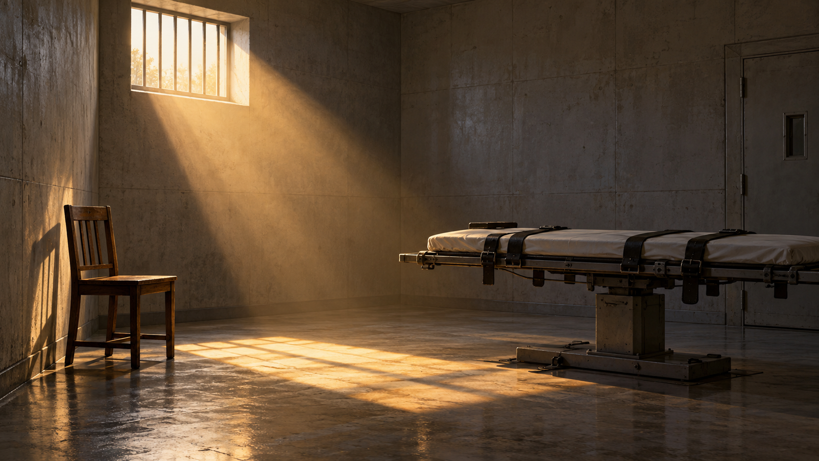 An empty wooden chair beside a gurney in a bare concrete room, lit by a single beam of warm light from a high window.