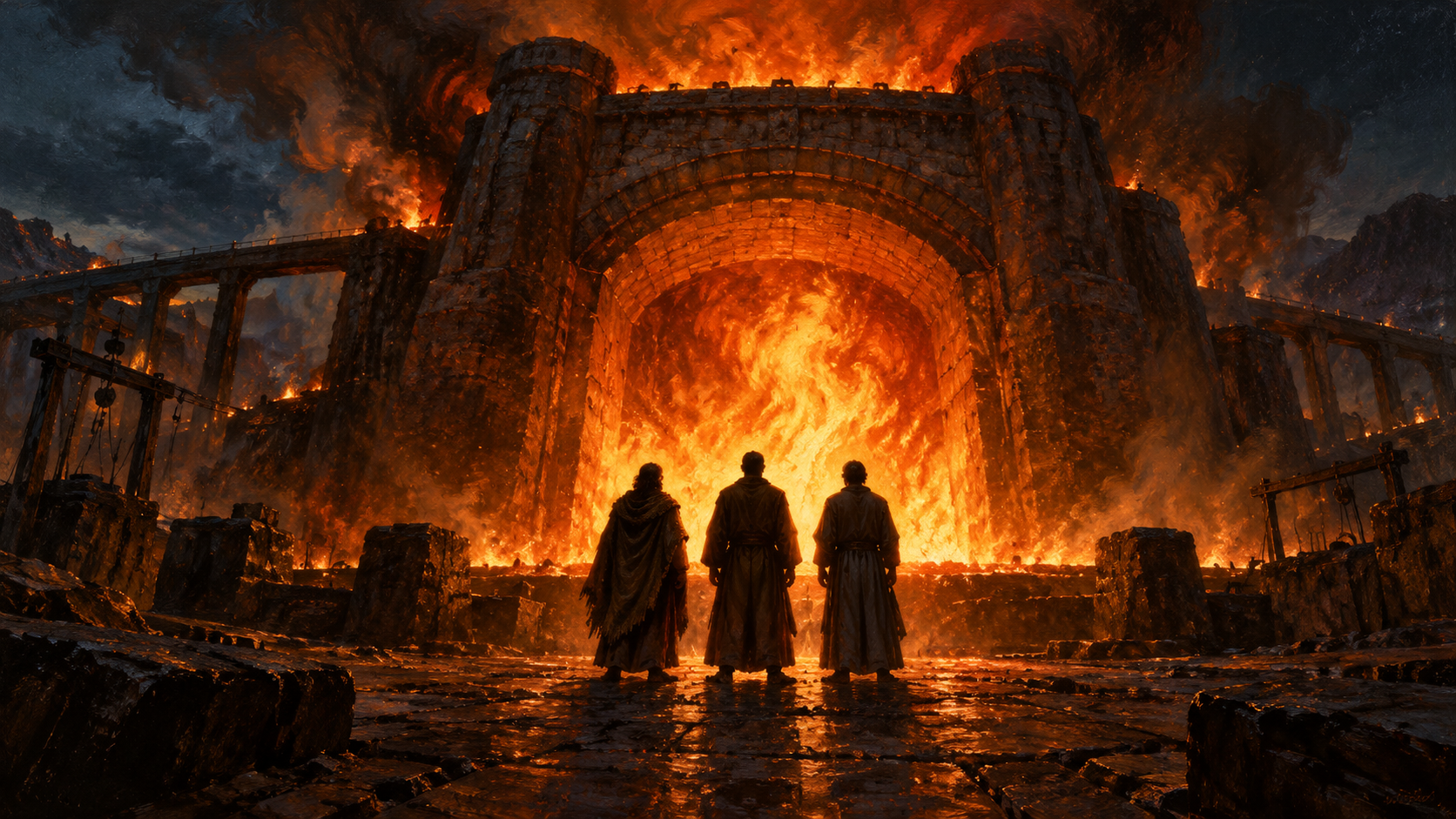 Three figures seen from behind stand calmly before the glowing opening of a great furnace, outlined in orange firelight.