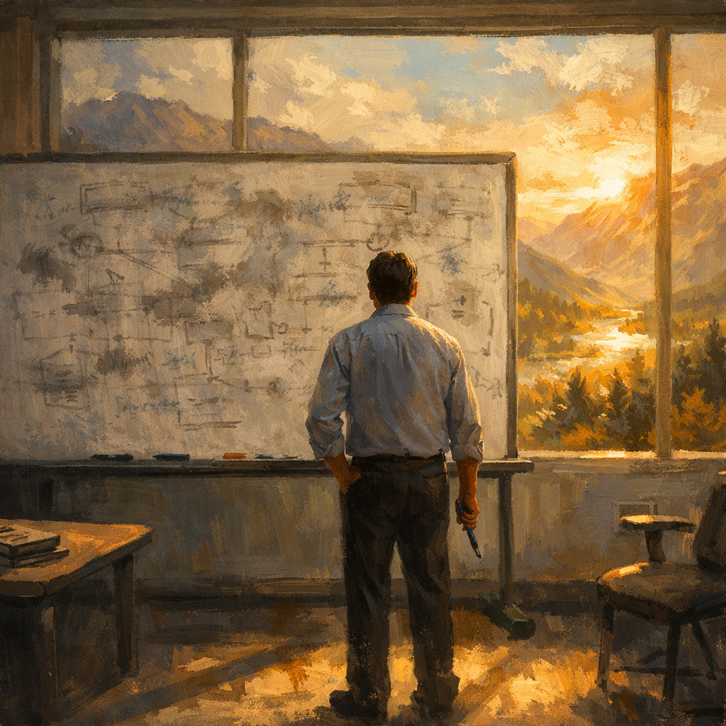 A figure stands before a faded whiteboard of strategic plans while warm golden light from an untamed landscape pours through the window behind them, symbolizing the contrast between calculated control and the unplanned grace beyond it.
